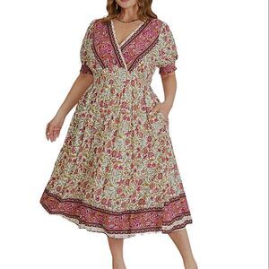 Blooomchic Bandana Print Surplice Neck Pocket Shirred Puff Sleeve Dress …